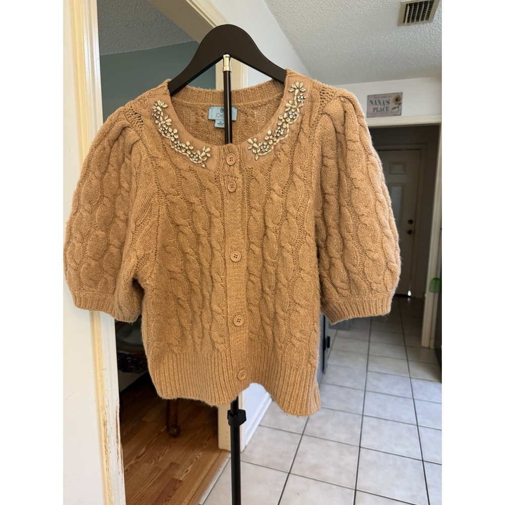 CeCe Crop Cardigan XL Crystal & Pearl Embellished Detail Soft Brown Knit Preppy